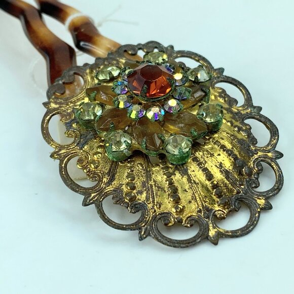 Art Deco French Filigree Brooch Aurora Borealis Rhinestones hair comb  GS586 main image 5